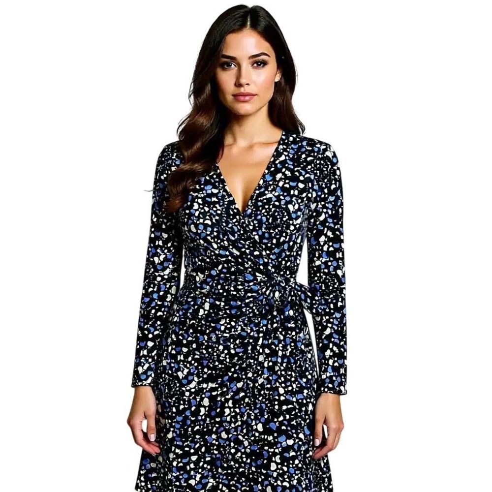 Lark & Ro Womens Blue Abstract‎ Floral Long Sleeve Jersey Wrap Dress Size Medium